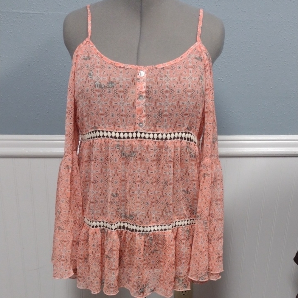 Pink and White Ruffled Bell Sleeve Blouse Beach, Travel Bohemio Boho